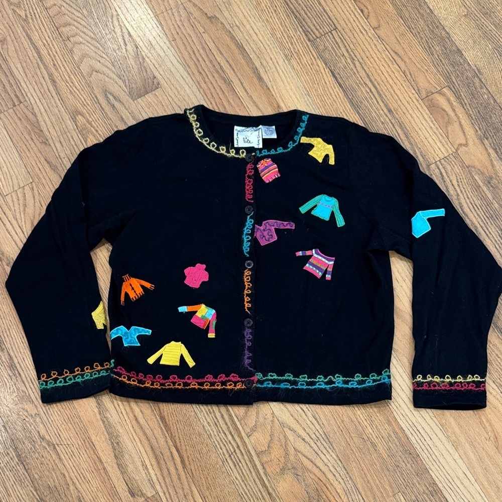 Vintage Michael Simon Black Cardigan with Colorful Embroidery